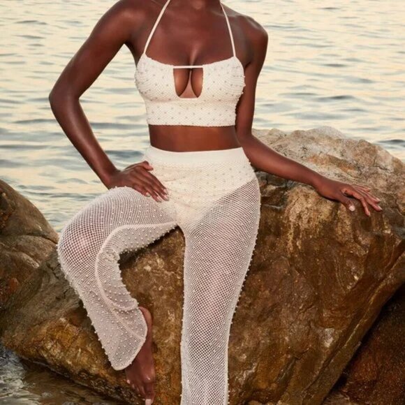 Oh Polly Ivory Sheer For Your Sheer Pearl Beaded Crochet Flare Pants 0 - Picture 2 of 6